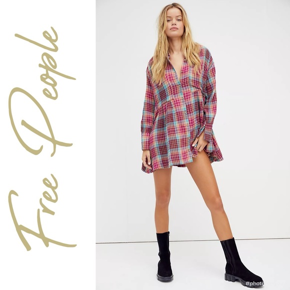 Free People Dresses & Skirts - Free People Flannel Voyage Shirt Dress in Twilight Combo XS Bohemian Hippie